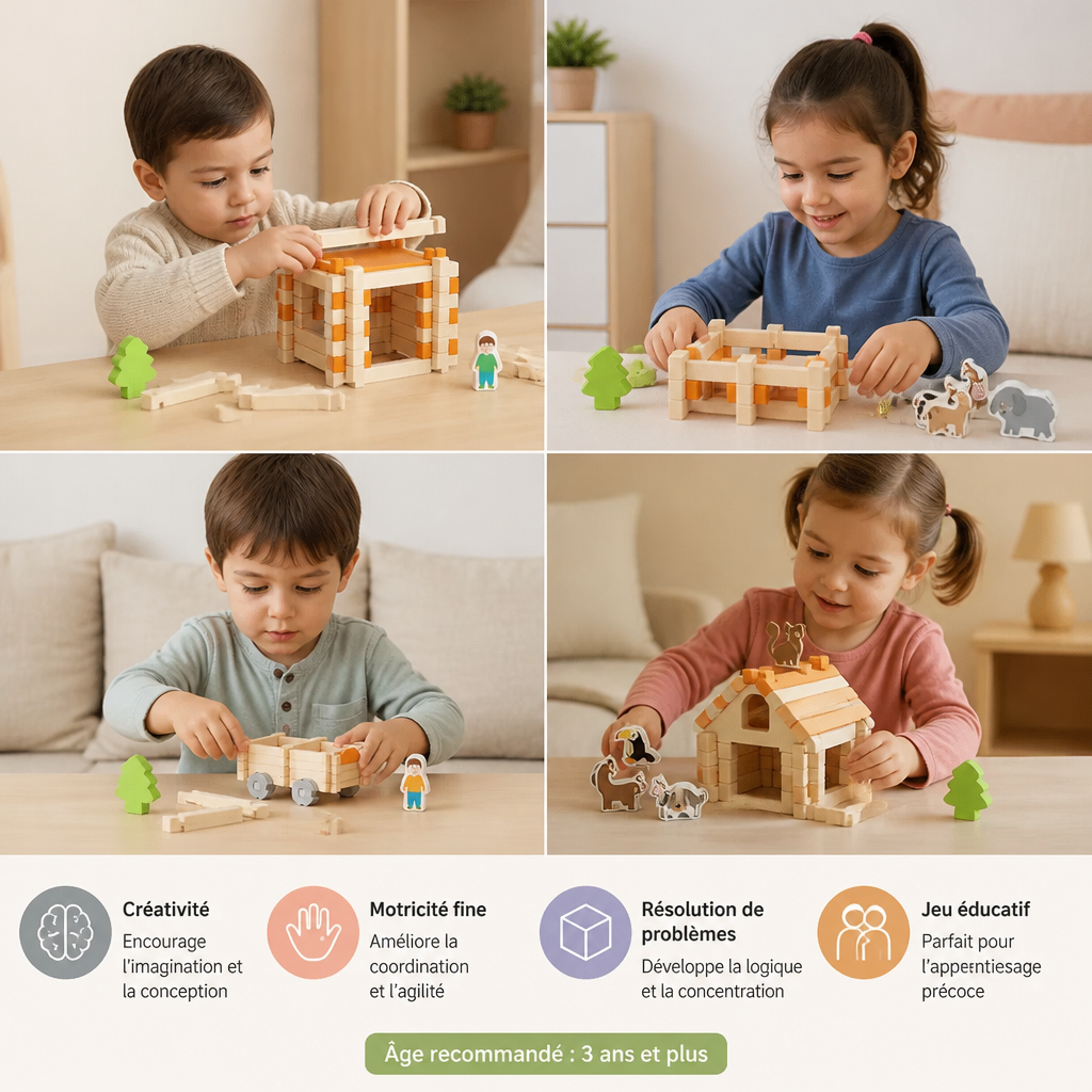 Set de Blocs de Construction en Bois Montessori – Jouet Naturel d’Empilage et de Construction