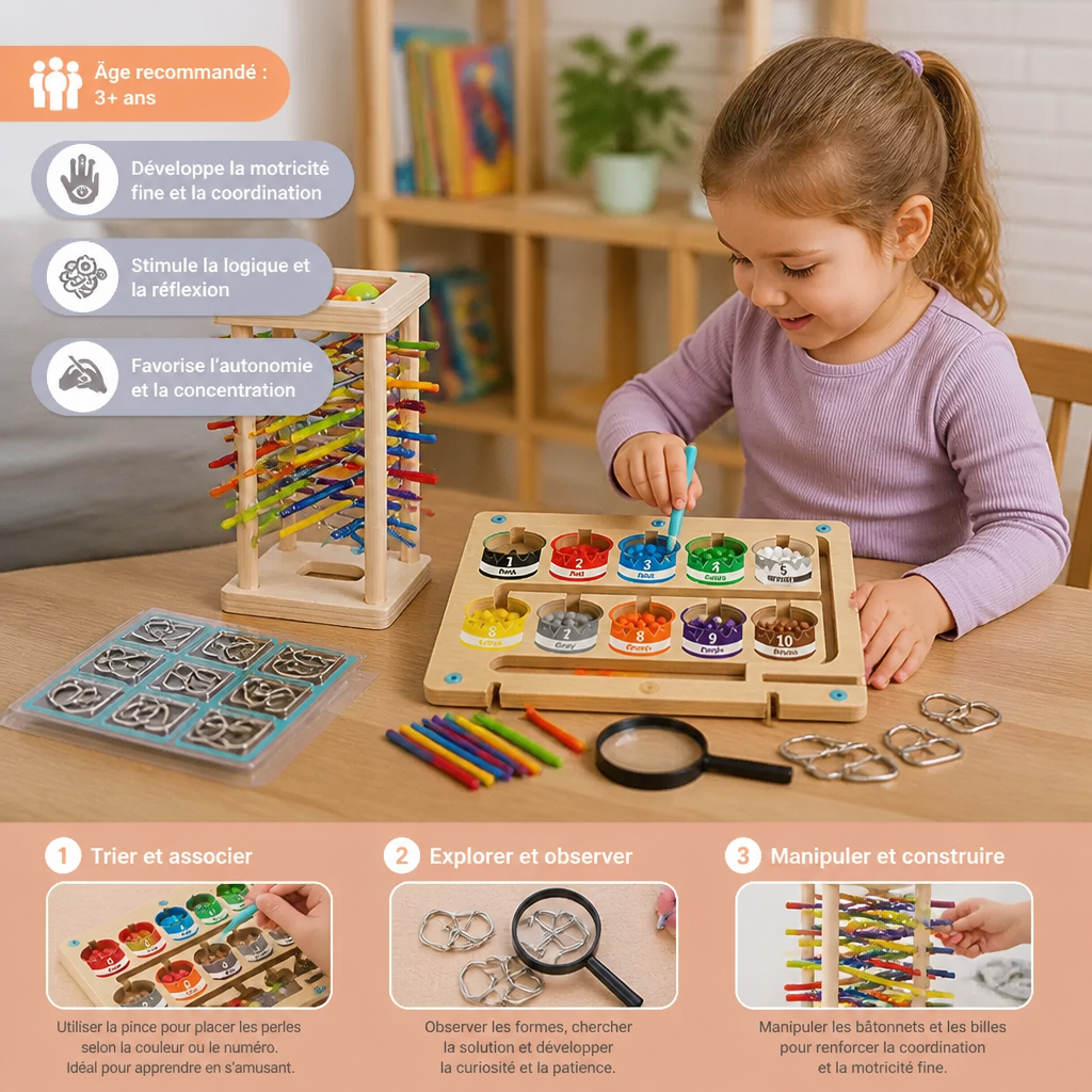 Set de Puzzle Montessori de Jeu et de Développement en 3 Pièces pour Enfants