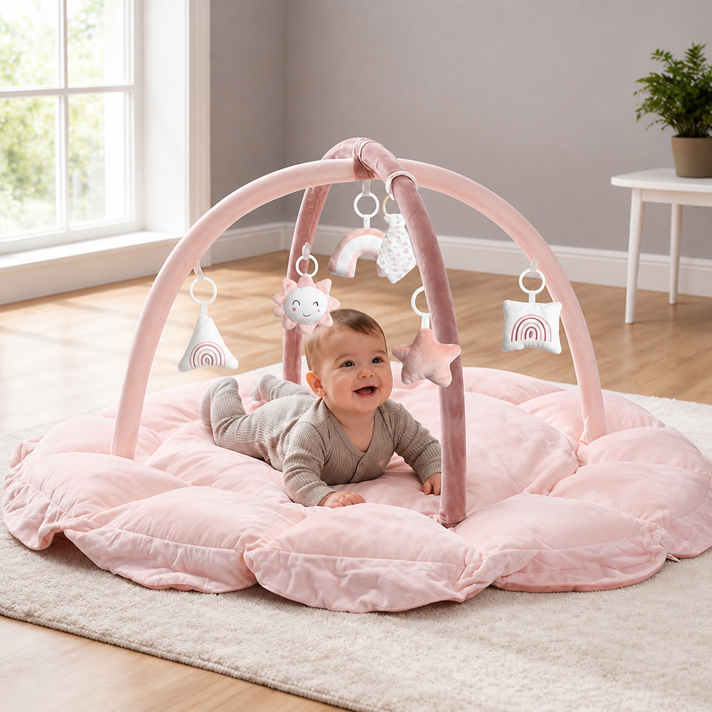 Palestrina pour bébé 5-en-1 en peluche, tapis d’éveil et lit avec jouets suspendus