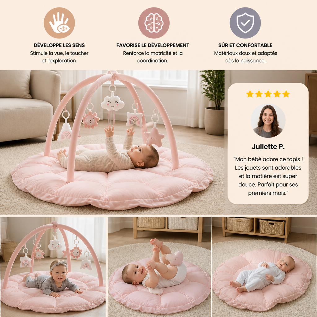 Palestrina pour bébé 5-en-1 en peluche, tapis d’éveil et lit avec jouets suspendus