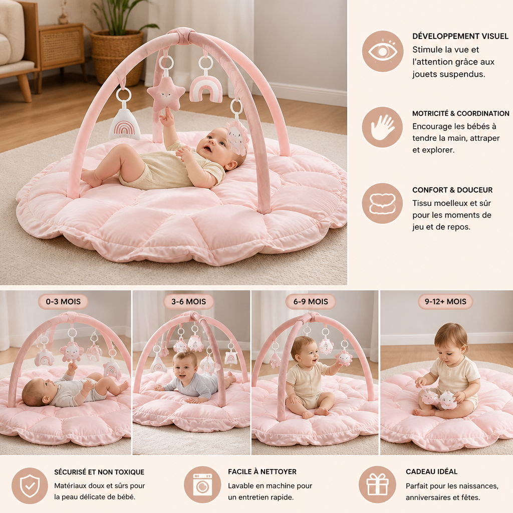 Palestrina pour bébé 5-en-1 en peluche, tapis d’éveil et lit avec jouets suspendus