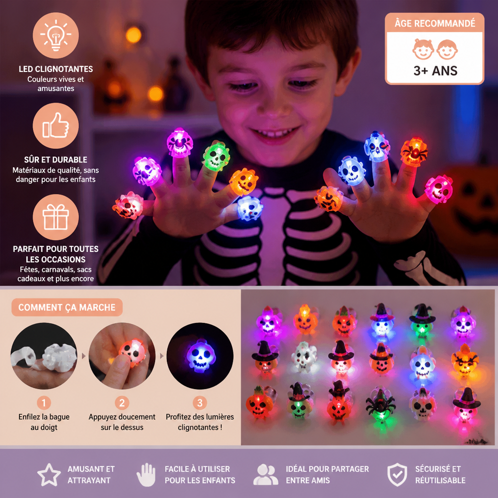 50 Anneaux LED Clignotants d’Halloween pour Cadeaux de Fête pour Enfants et Sachets de Friandises