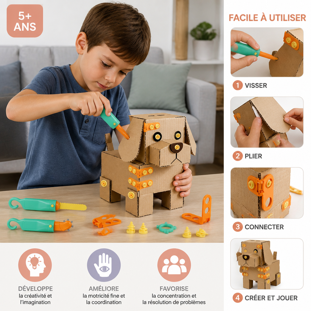 Kit de Construction STEM Sécurisé de 100 Pièces en Carton avec Set d’Outils pour Enfants