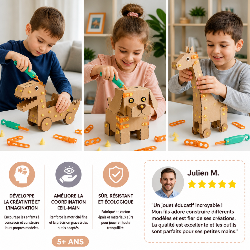 Kit de Construction STEM Sécurisé de 100 Pièces en Carton avec Set d’Outils pour Enfants