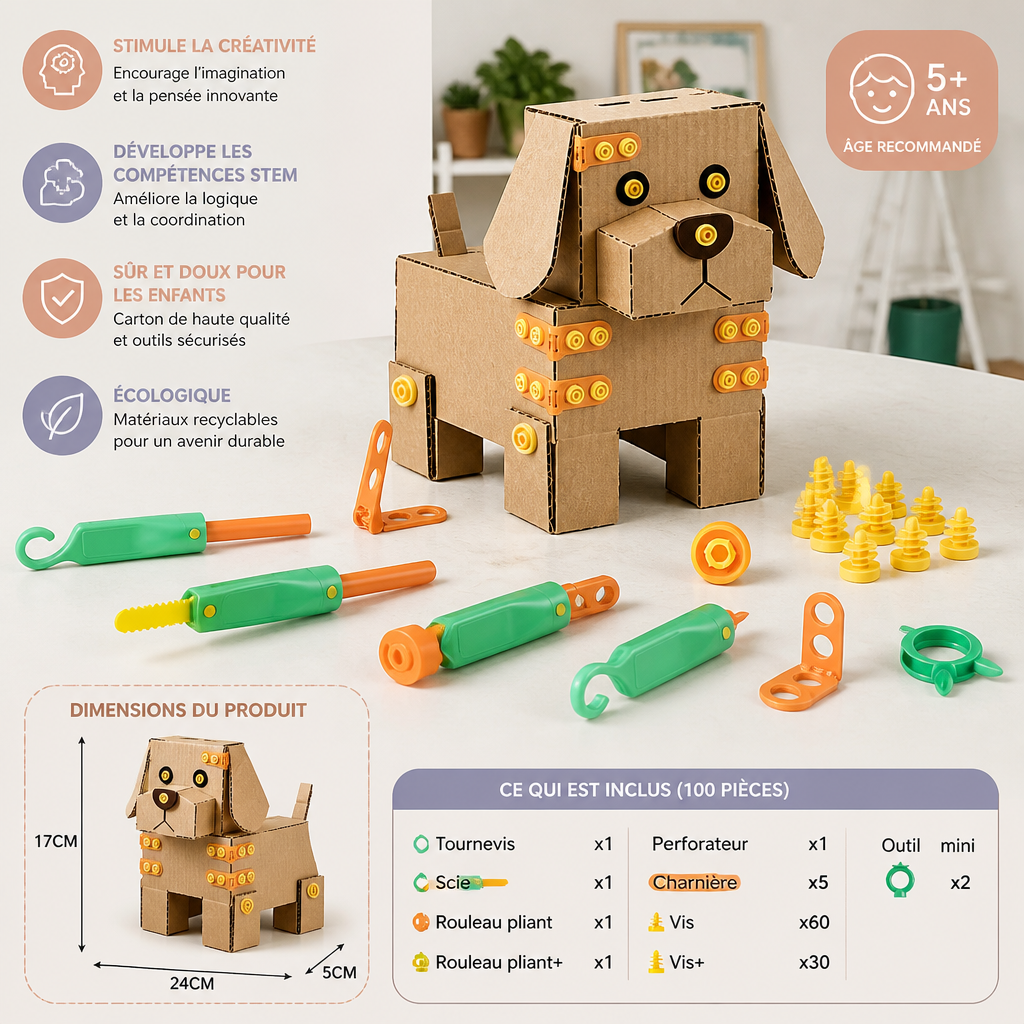Kit de Construction STEM Sécurisé de 100 Pièces en Carton avec Set d’Outils pour Enfants