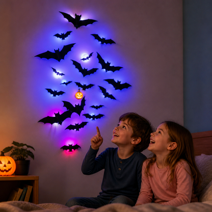 Décoration murale 3D LED d’Halloween en forme de chauves-souris avec lumières changeant de couleur