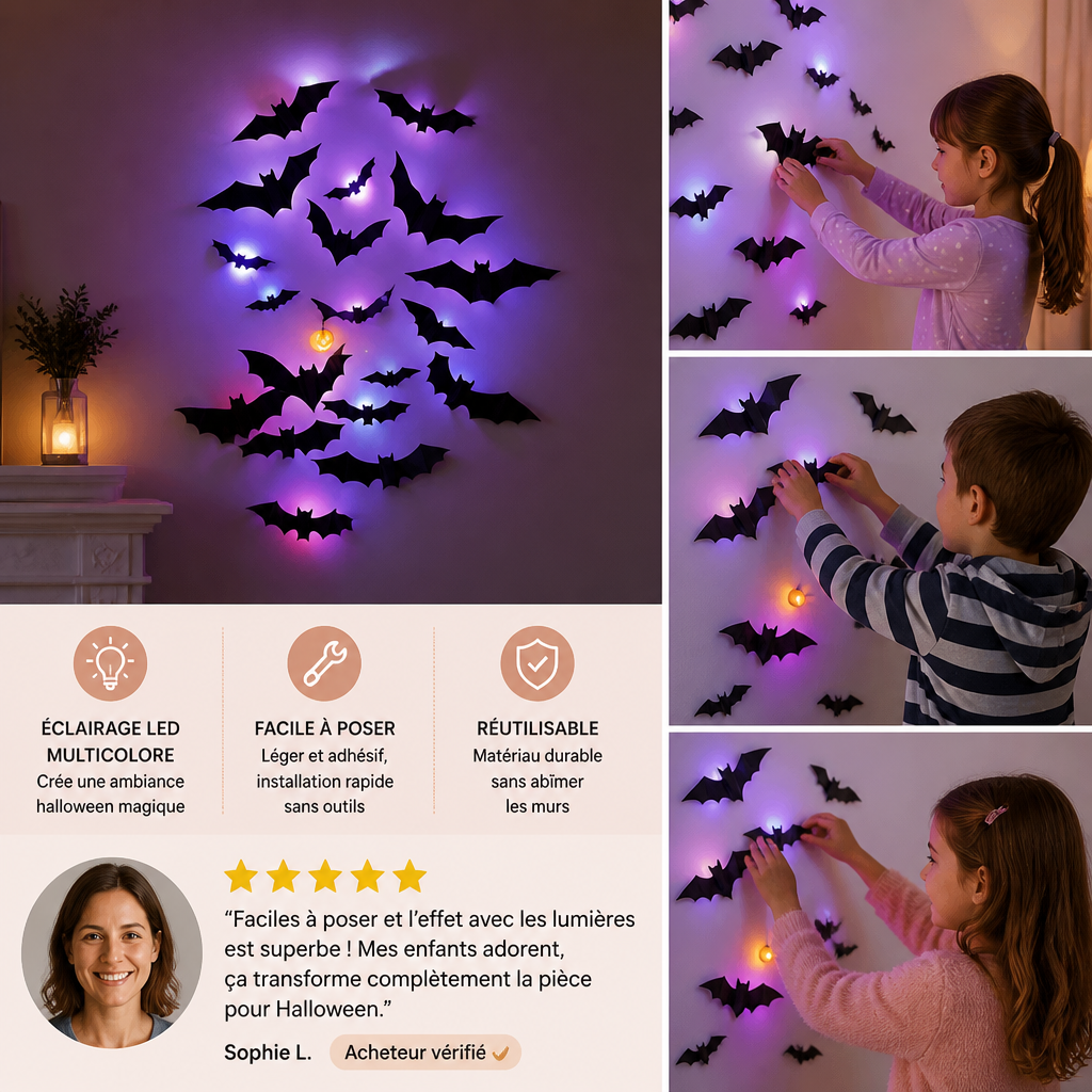 Décoration murale 3D LED d’Halloween en forme de chauves-souris avec lumières changeant de couleur