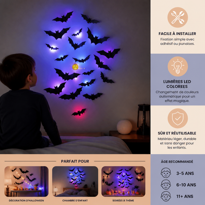 Décoration murale 3D LED d’Halloween en forme de chauves-souris avec lumières changeant de couleur
