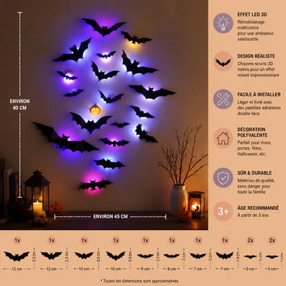 Décoration murale 3D LED d’Halloween en forme de chauves-souris avec lumières changeant de couleur