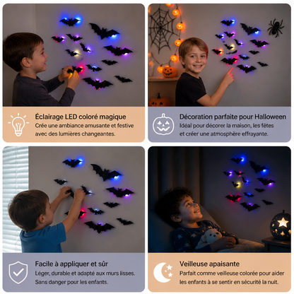 Décoration murale 3D LED d’Halloween en forme de chauves-souris avec lumières changeant de couleur