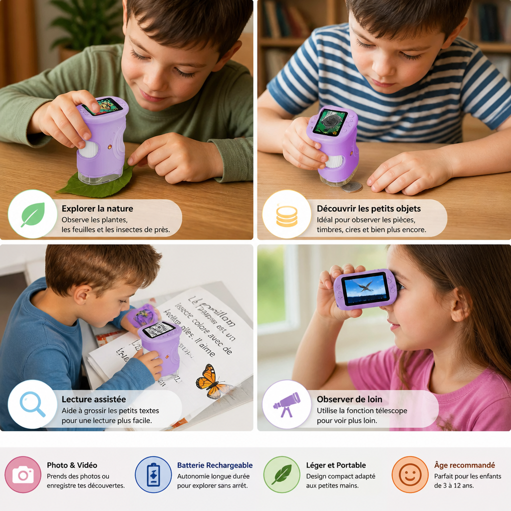 Microscope et Télescope Numérique 2-en-1 pour Enfants avec Appareil Photo et Caméra Vidéo