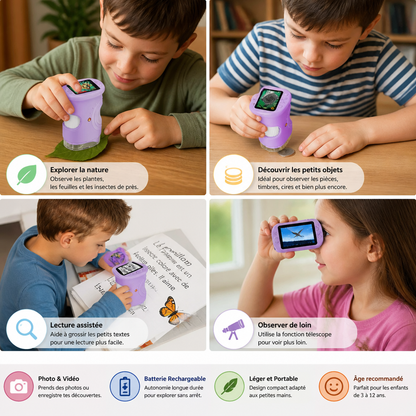 Microscope et Télescope Numérique 2-en-1 pour Enfants avec Appareil Photo et Caméra Vidéo