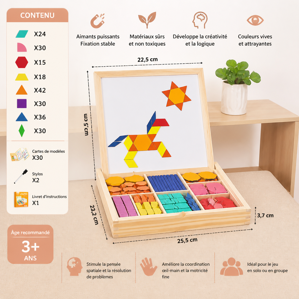 Puzzle géométrique magnétique en bois pour enfants