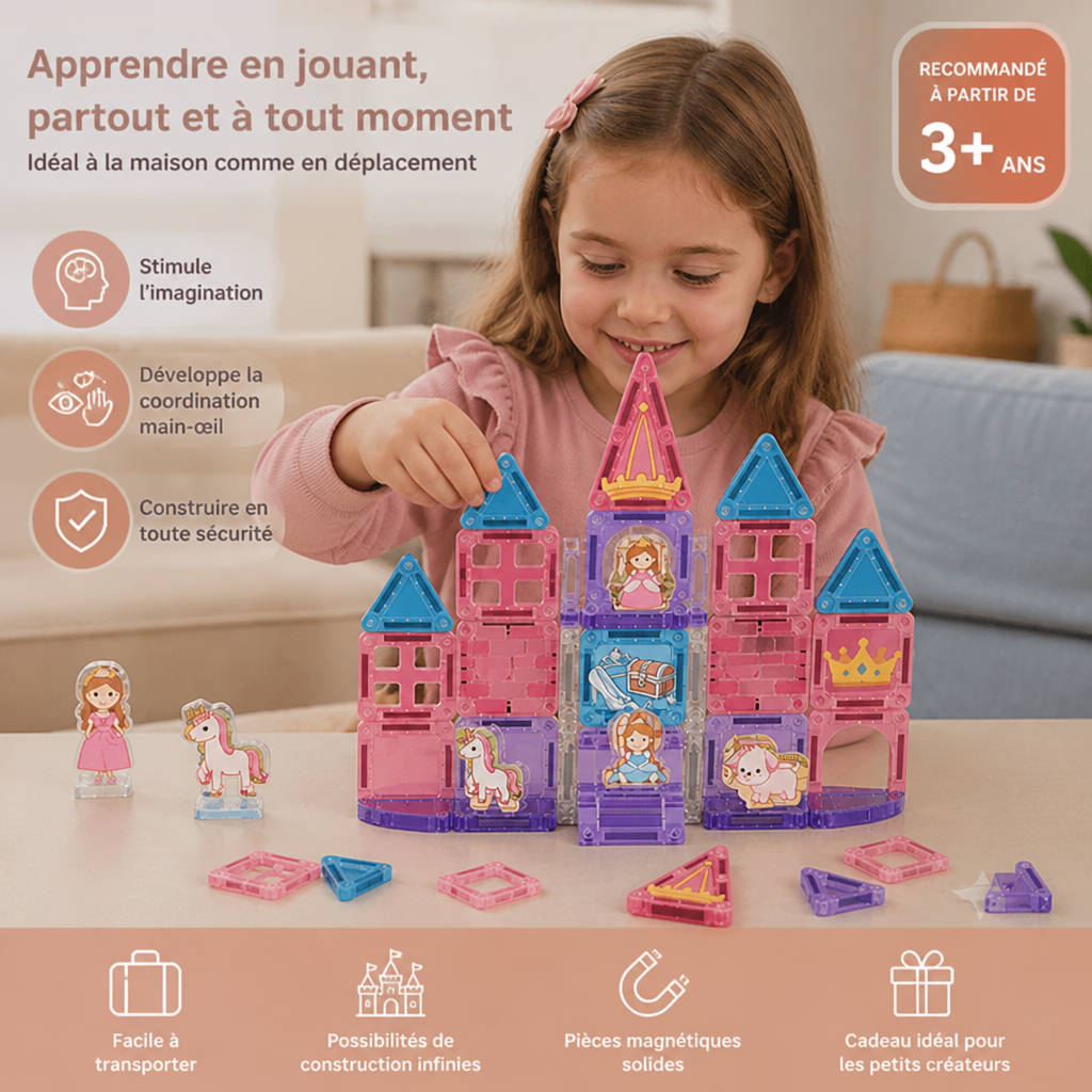 Set de Jeu de Voyage Château de Princesse avec Boîte de Rangement Compacte en Métal