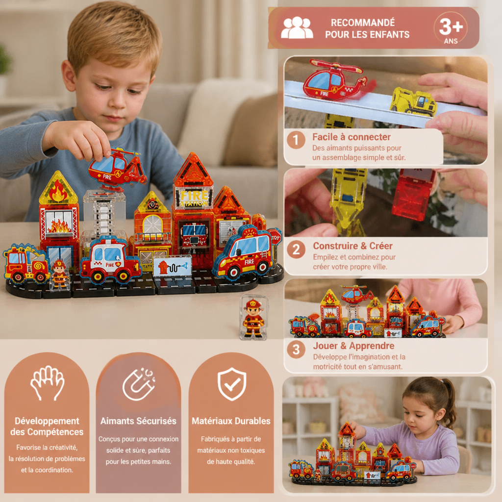 Kit de construction magnétique de voyage de 40 pièces avec véhicules de chantier, de pompiers et de police