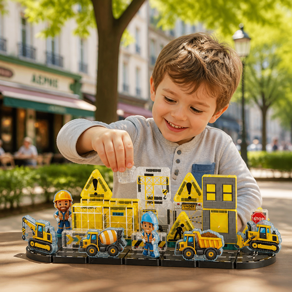 Kit de construction magnétique de voyage de 40 pièces avec véhicules de chantier, de pompiers et de police
