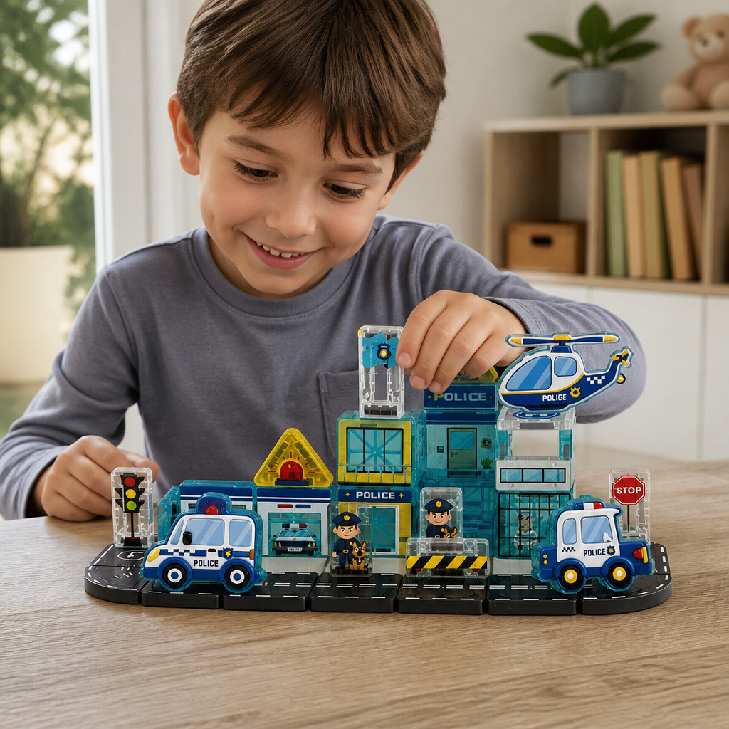 Kit de construction magnétique de voyage de 40 pièces avec véhicules de chantier, de pompiers et de police