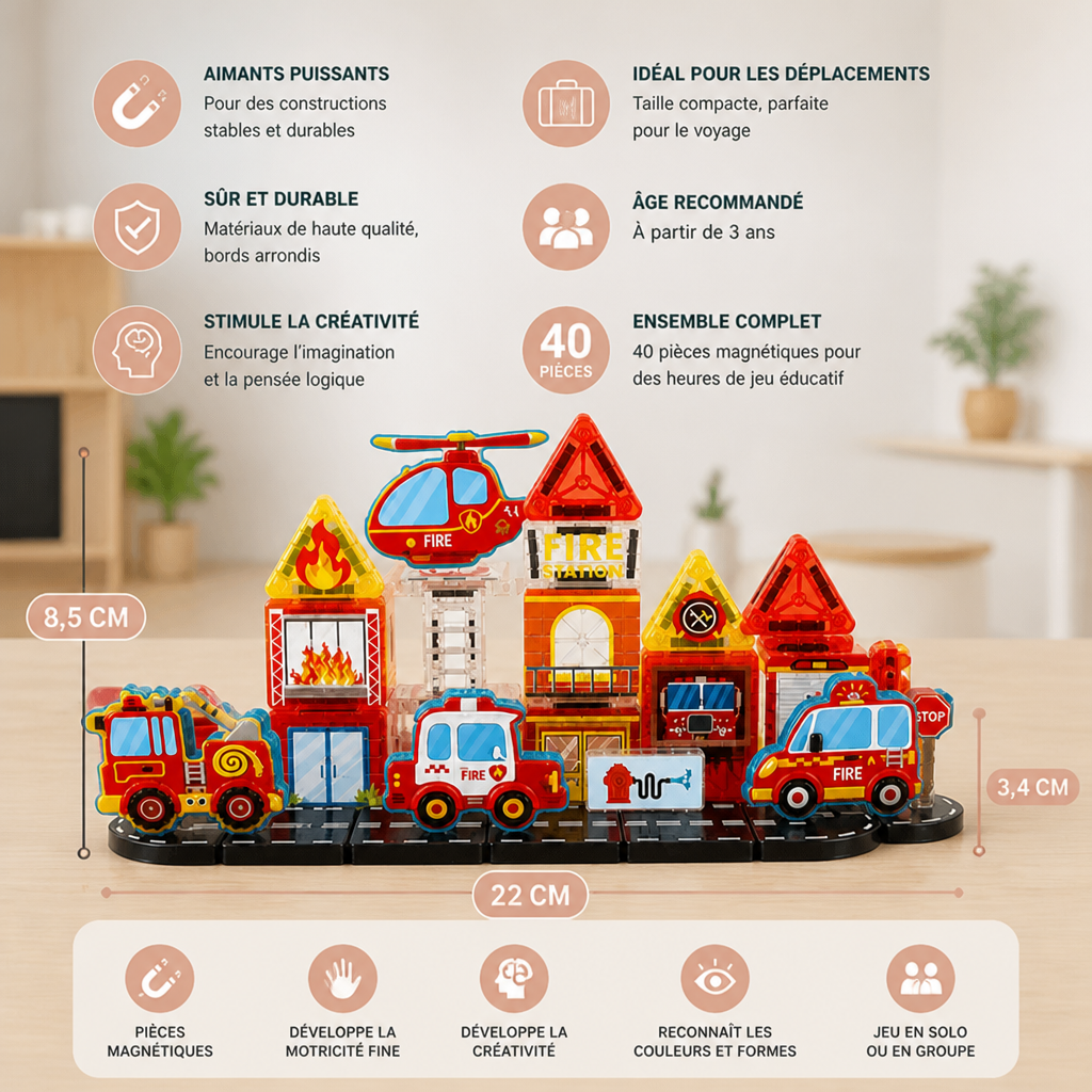 Kit de construction magnétique de voyage de 40 pièces avec véhicules de chantier, de pompiers et de police