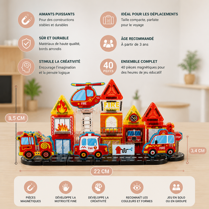 Kit de construction magnétique de voyage de 40 pièces avec véhicules de chantier, de pompiers et de police