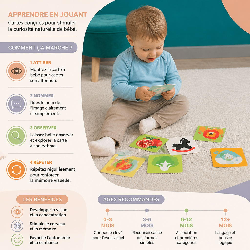 Cartes d’apprentissage Montessori pour bébés – Coffret de stimulation visuelle, de reconnaissance des couleurs et de catégorisation