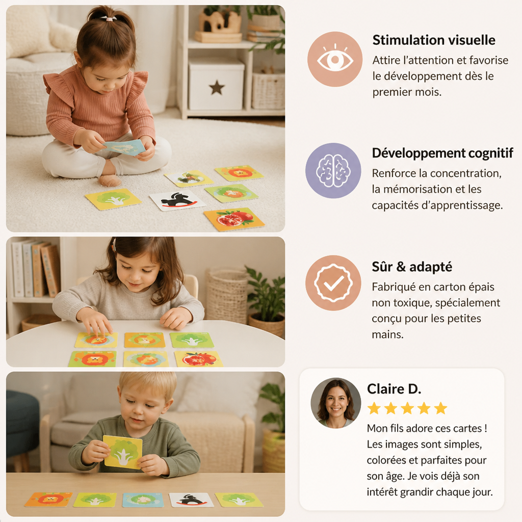Cartes d’apprentissage Montessori pour bébés – Coffret de stimulation visuelle, de reconnaissance des couleurs et de catégorisation