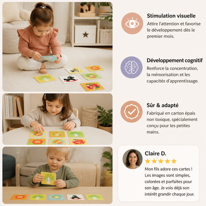 Cartes d’apprentissage Montessori pour bébés – Coffret de stimulation visuelle, de reconnaissance des couleurs et de catégorisation
