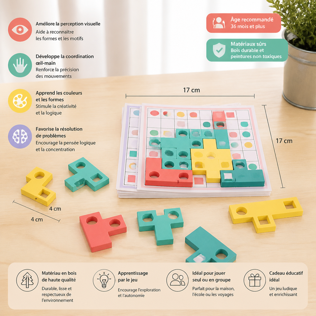 Puzzle Montessori en bois pour associer les formes – Jeu éducatif pour développer la reconnaissance des couleurs et la pensée logique