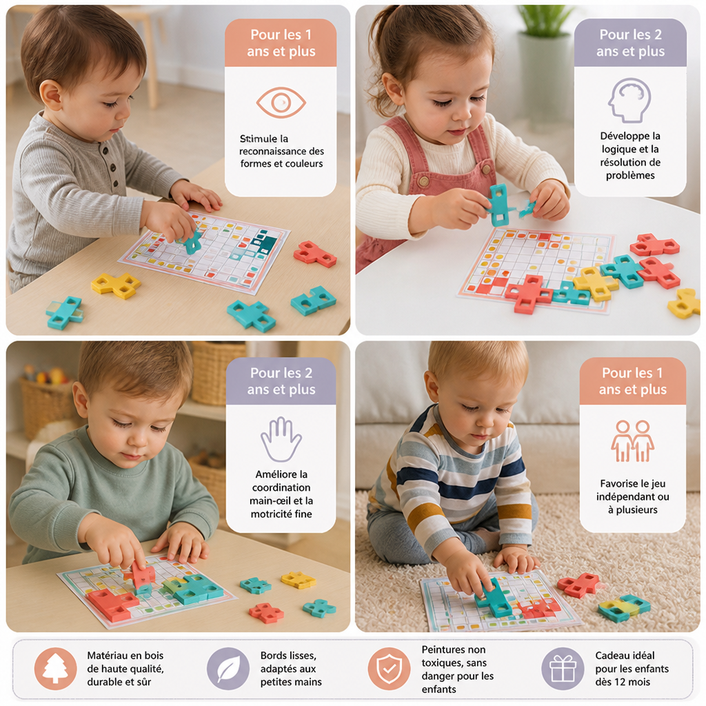 Puzzle Montessori en bois pour associer les formes – Jeu éducatif pour développer la reconnaissance des couleurs et la pensée logique