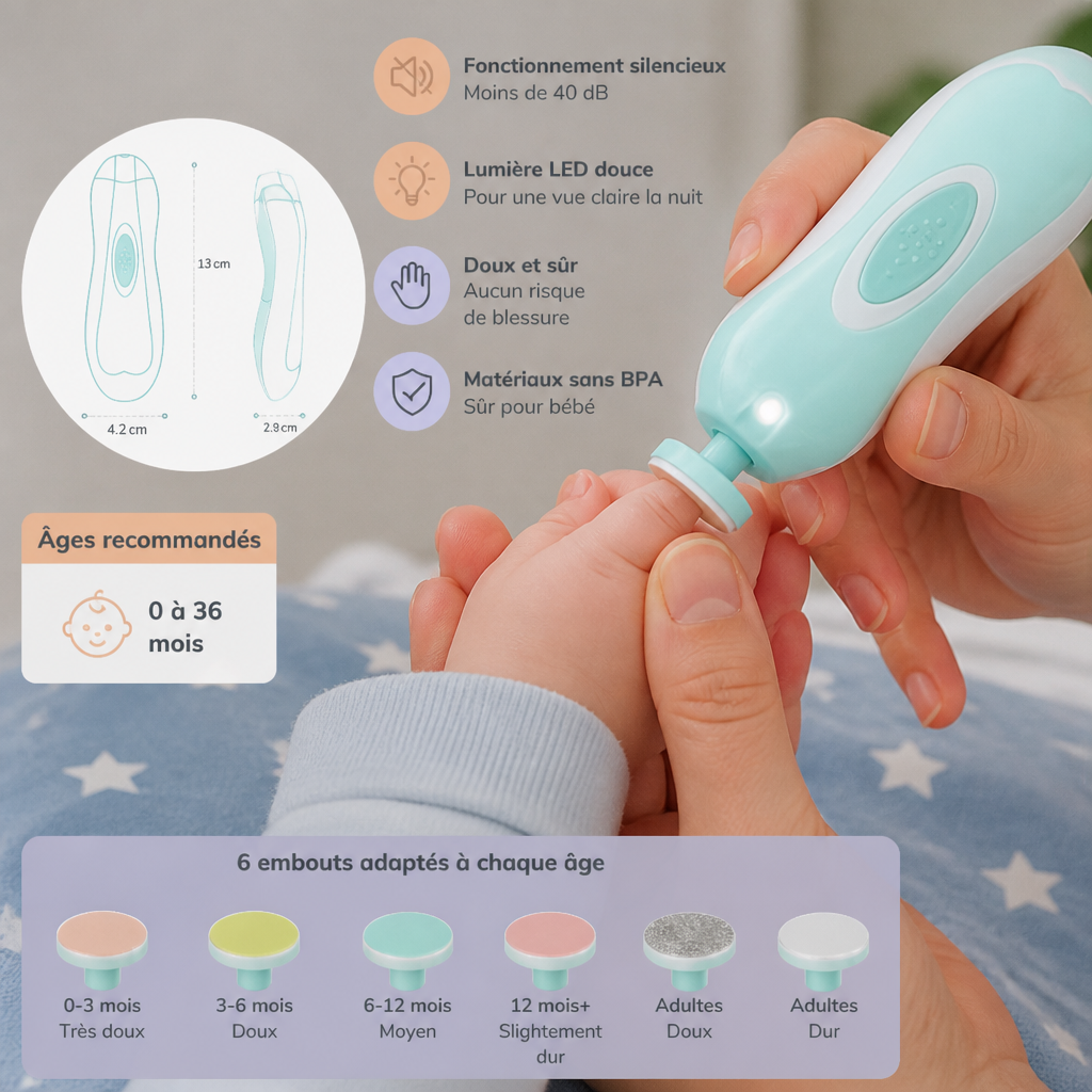 Lime à ongles électrique pour bébé – Kit de soin des ongles 6 en 1