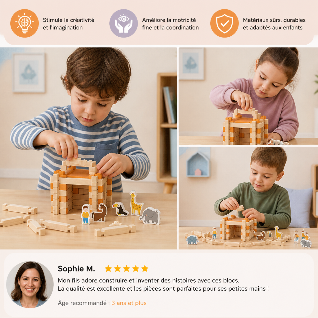 Set de Blocs de Construction en Bois Montessori – Jouet Naturel d’Empilage et de Construction