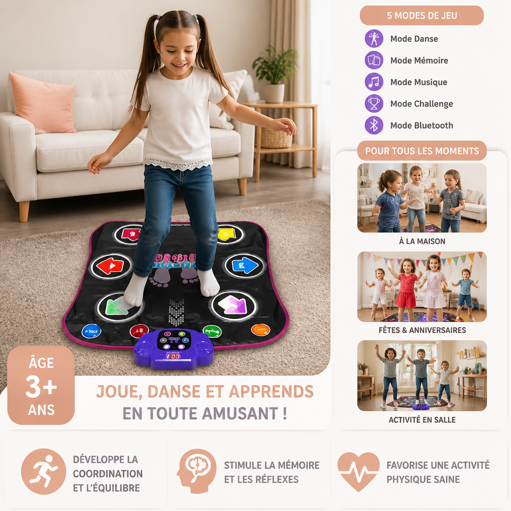 Tapis de danse Bluetooth lumineux pour enfants avec 5 modes de jeu
