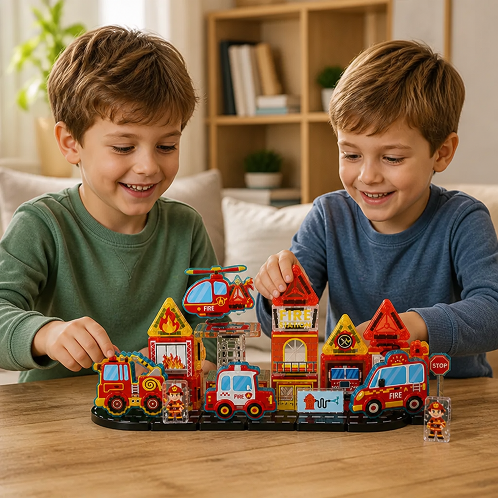 Kit de construction magnétique de voyage de 40 pièces avec véhicules de chantier, de pompiers et de police