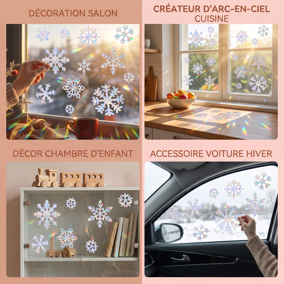 Autocollants de Fenêtre Réutilisables en Flocons de Neige à Effet Attrape-Soleil