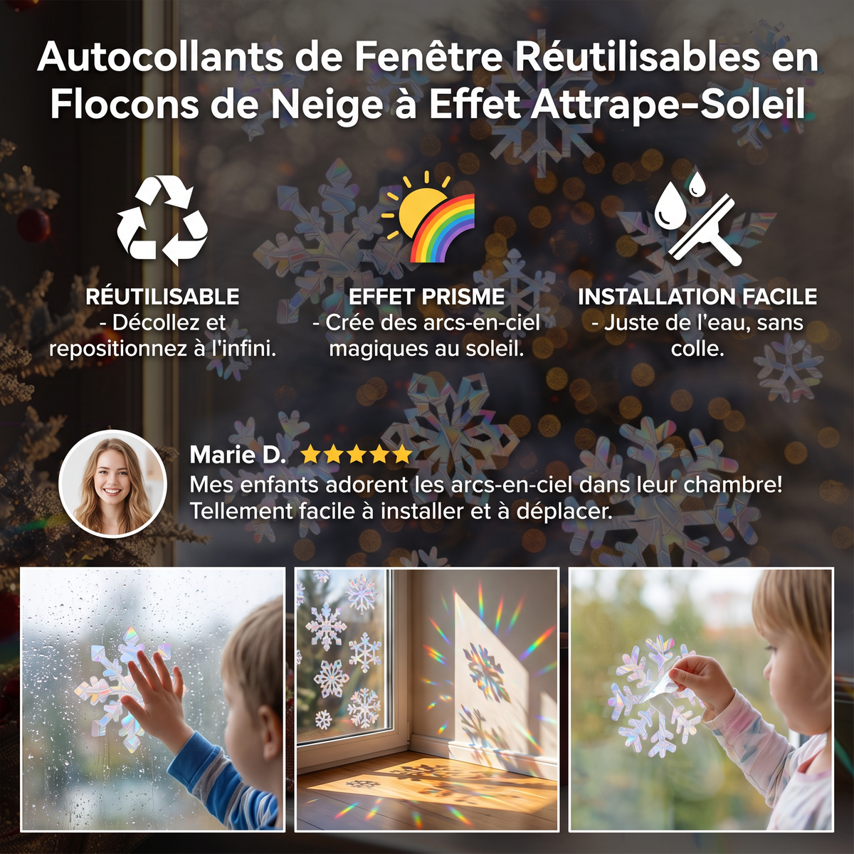 Autocollants de Fenêtre Réutilisables en Flocons de Neige à Effet Attrape-Soleil