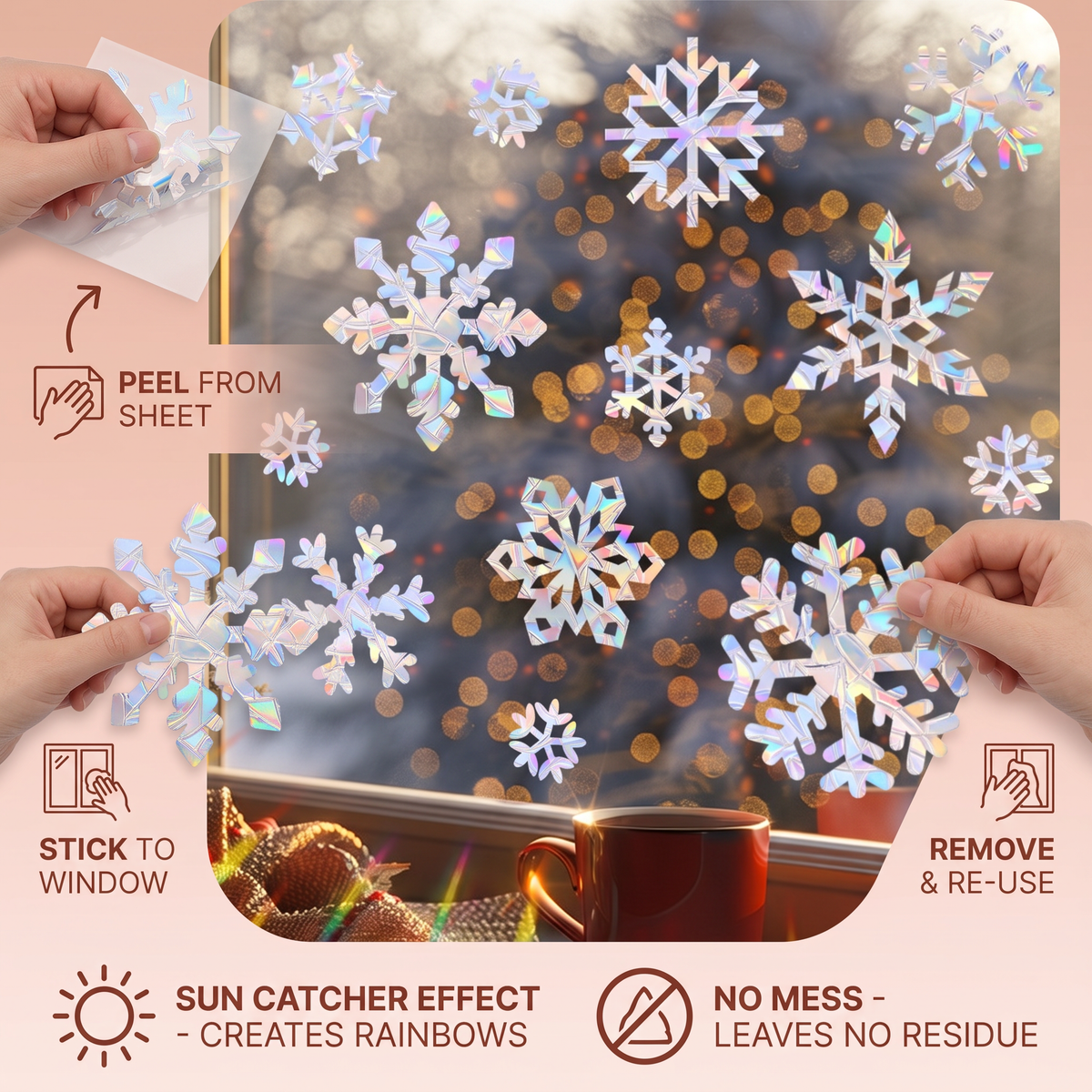 Autocollants de Fenêtre Réutilisables en Flocons de Neige à Effet Attrape-Soleil