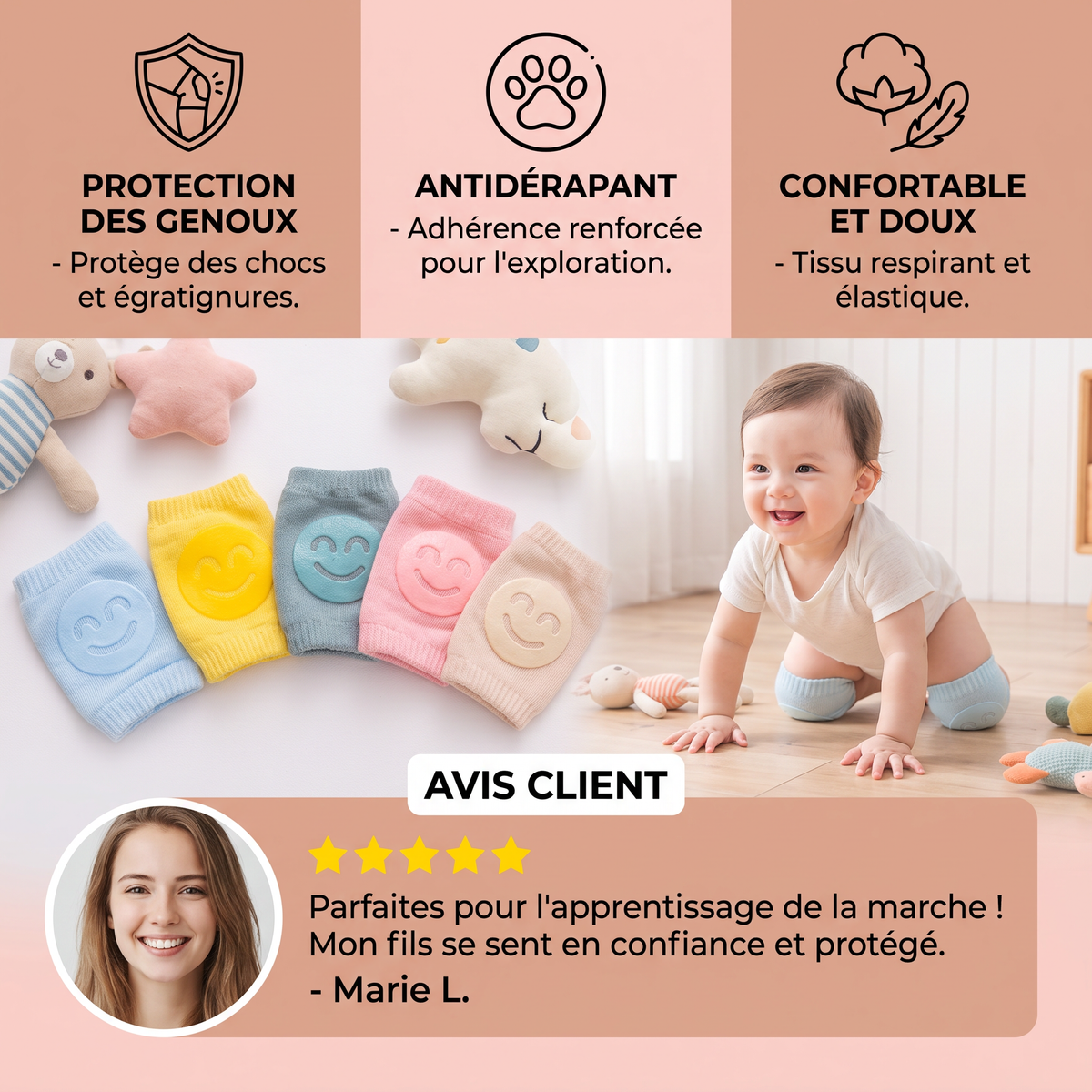 Genouillères pour bébé – Protection antidérapante avec motif visage souriant