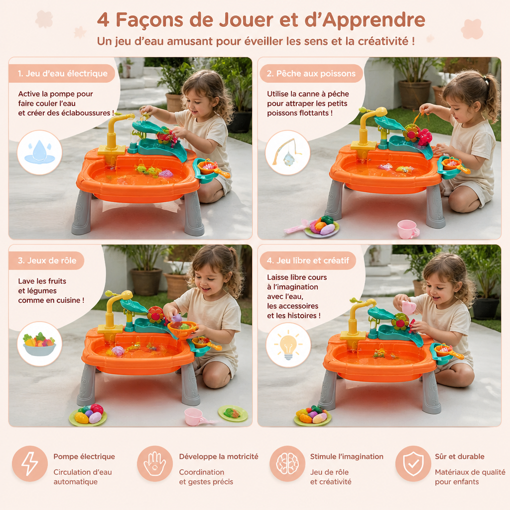 Cuisine de jeu pour enfants surélevée et ergonomique avec fonction d’eau électrique