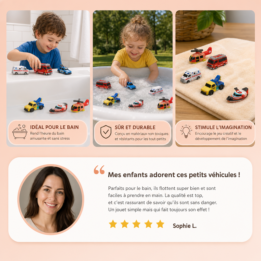 Lot de 6 Jouets de Bain Véhicules d’Urgence à Changement de Couleur pour Bébés et Tout-Petits