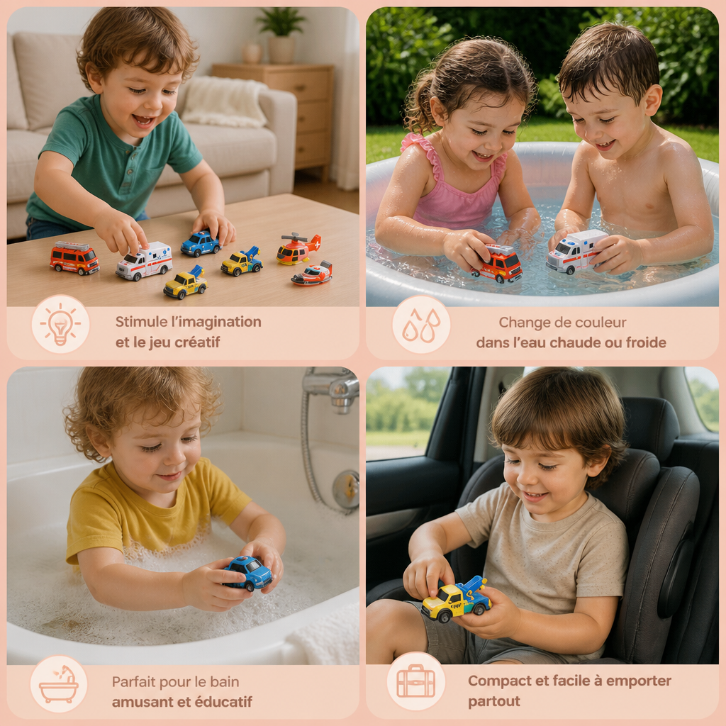 Lot de 6 Jouets de Bain Véhicules d’Urgence à Changement de Couleur pour Bébés et Tout-Petits