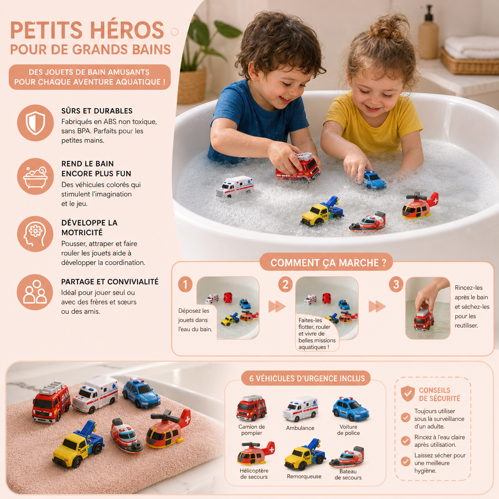 Lot de 6 Jouets de Bain Véhicules d’Urgence à Changement de Couleur pour Bébés et Tout-Petits