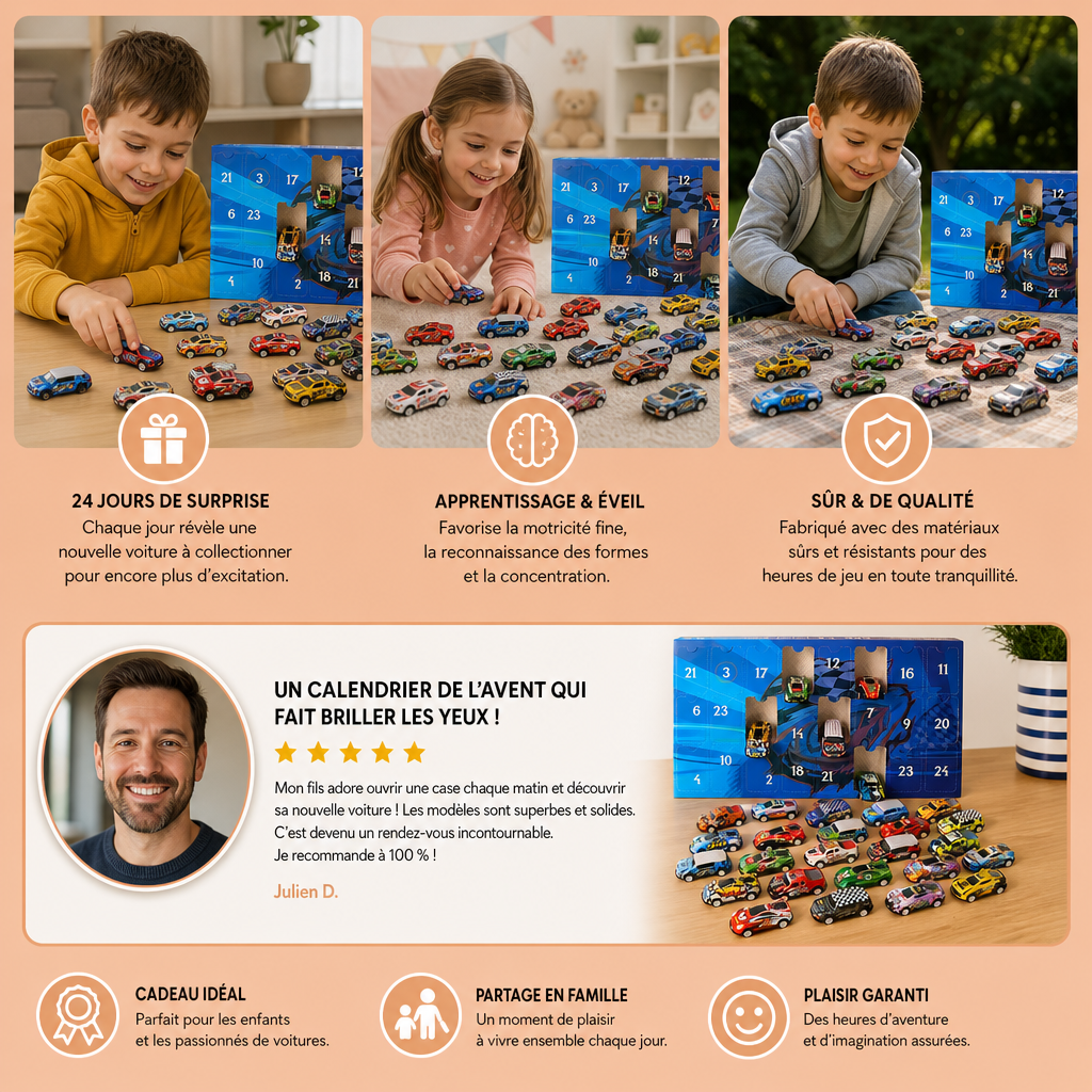Calendrier de l’Avent de 24 Jours avec Voitures de Course Miniatures Surprise