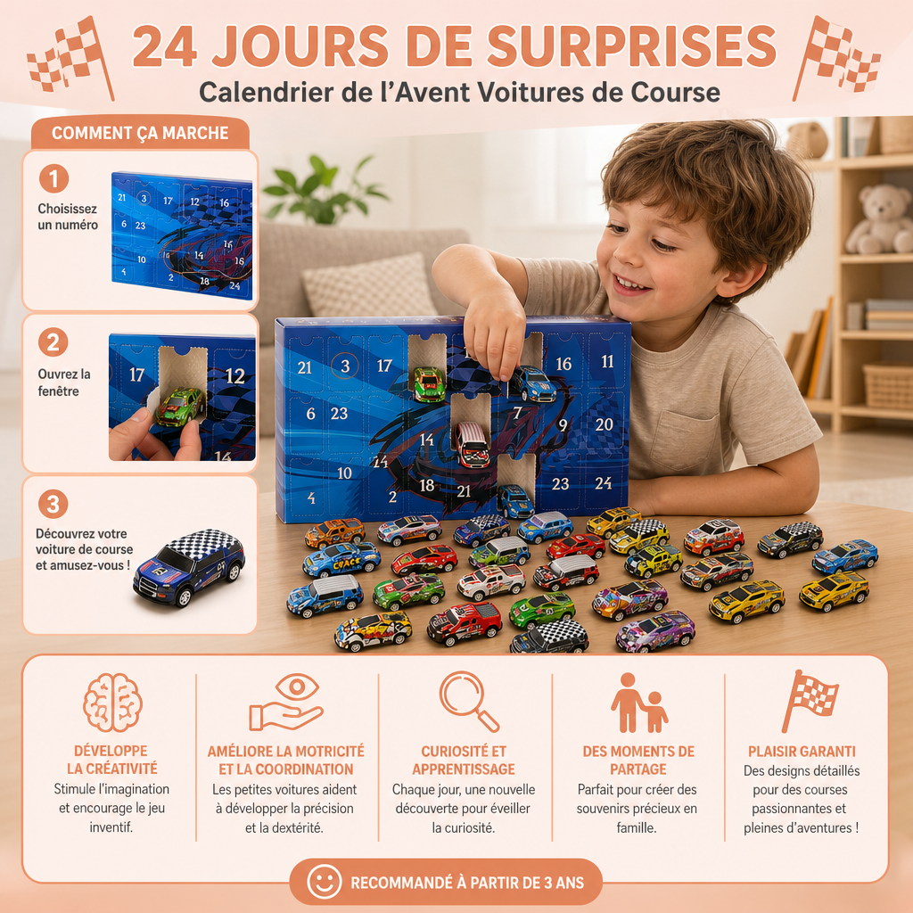 Calendrier de l’Avent de 24 Jours avec Voitures de Course Miniatures Surprise