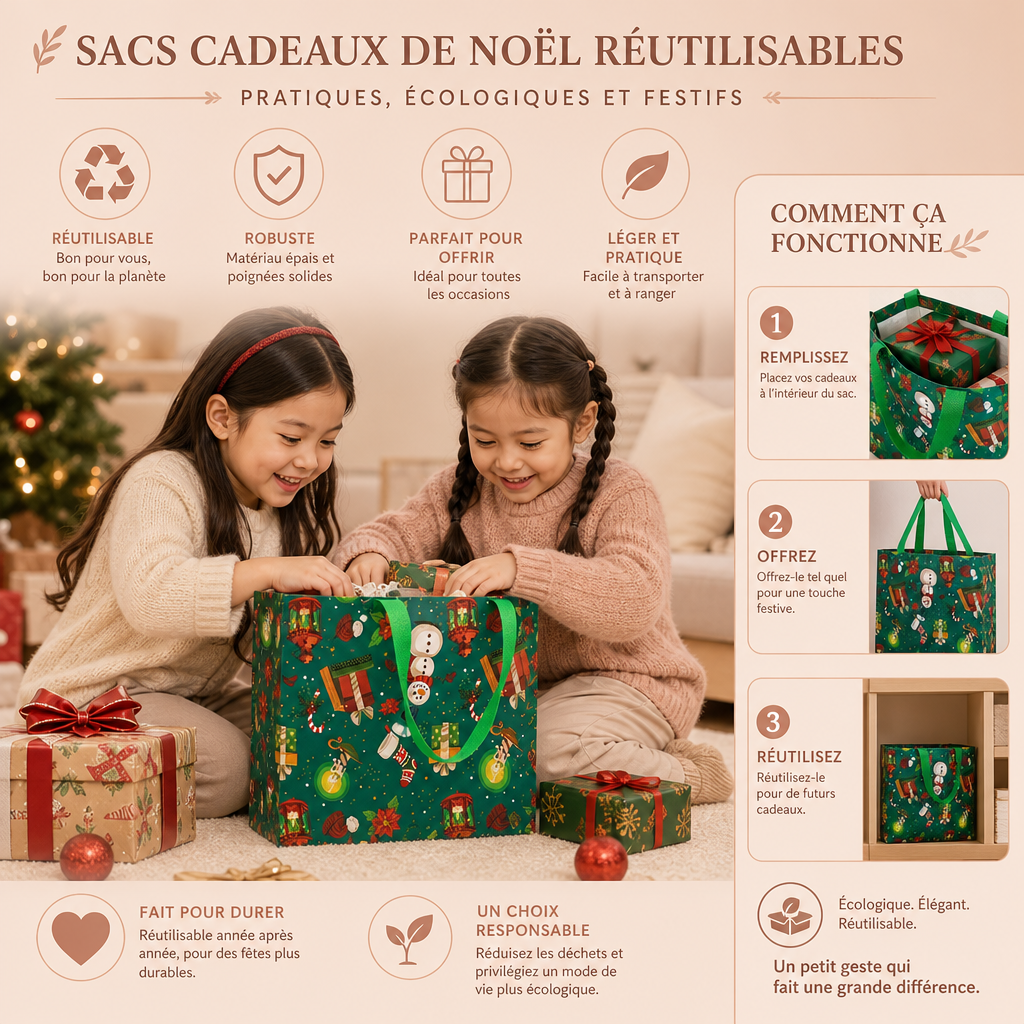 Sacs Cadeaux de Noël Réutilisables avec Poignées – Différents Motifs Festifs