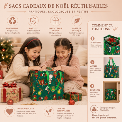 Sacs Cadeaux de Noël Réutilisables avec Poignées – Différents Motifs Festifs