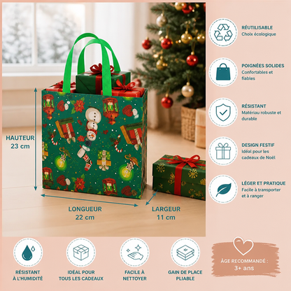 Sacs Cadeaux de Noël Réutilisables avec Poignées – Différents Motifs Festifs