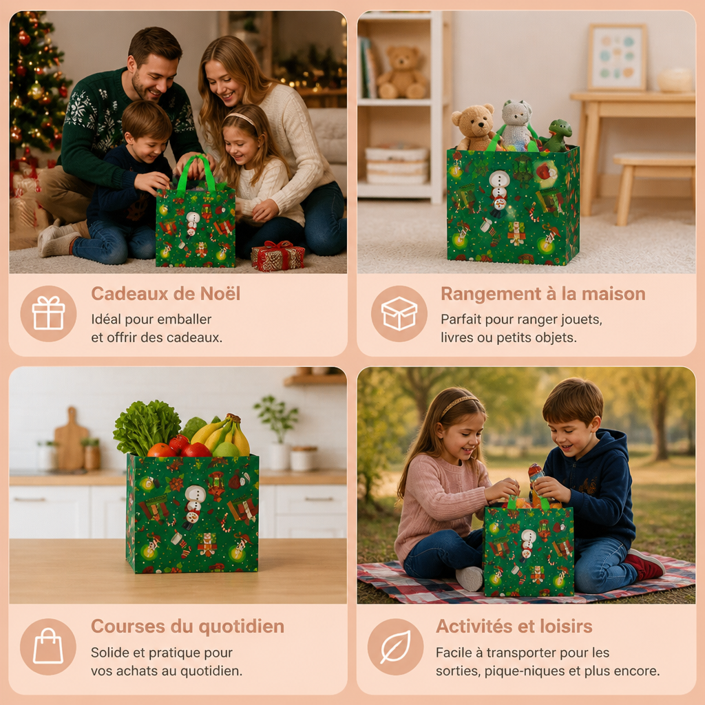 Sacs Cadeaux de Noël Réutilisables avec Poignées – Différents Motifs Festifs
