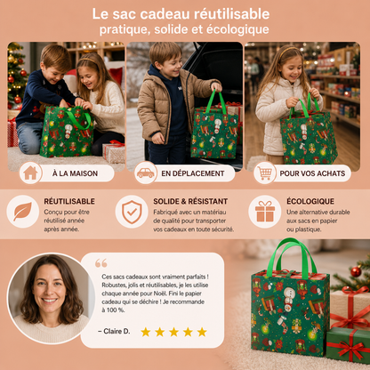 Sacs Cadeaux de Noël Réutilisables avec Poignées – Différents Motifs Festifs
