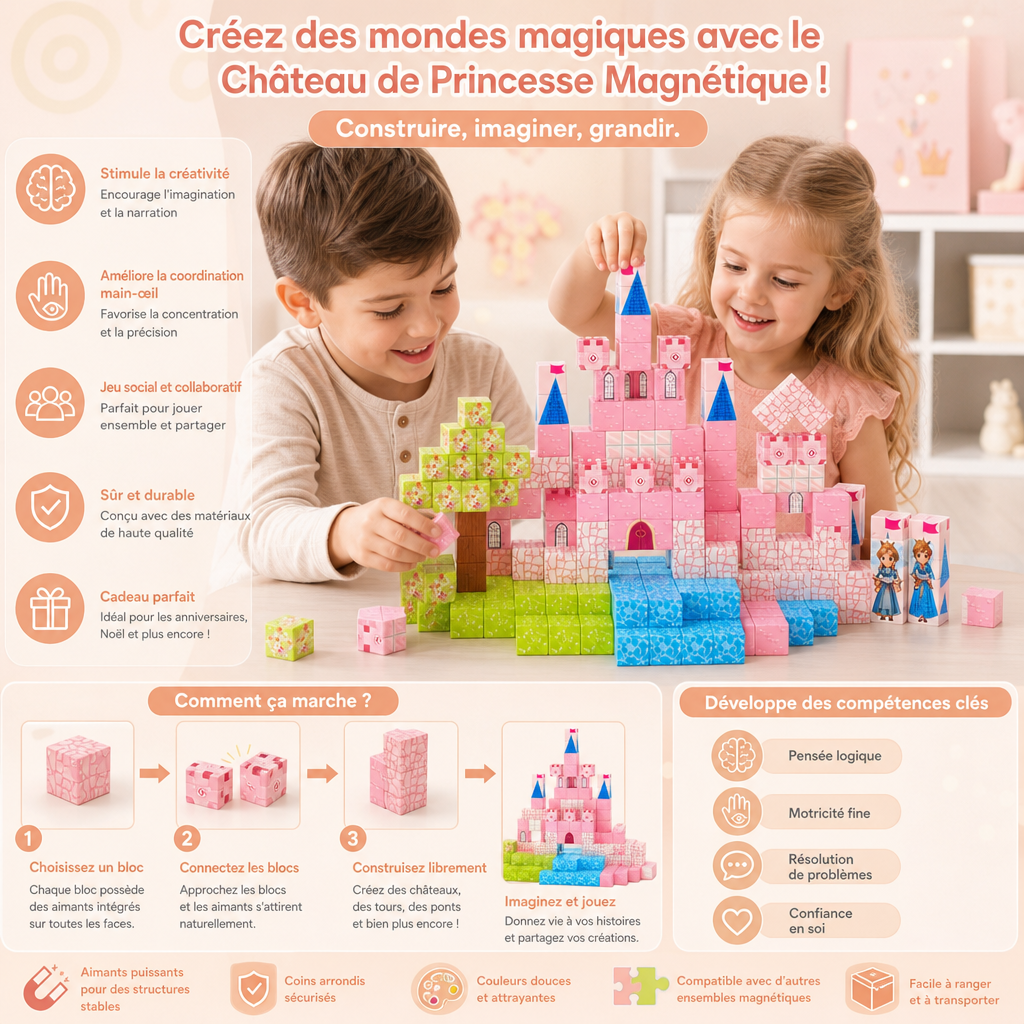 Set de Blocs de Construction Magnétiques Montessori Château de Rêve de Princesse