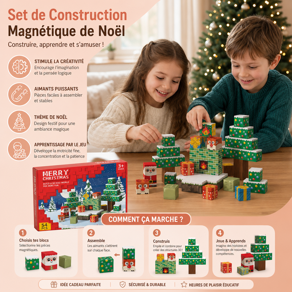 Set de Construction Magnétique de Noël de 54 Pièces – Jouet Éducatif STEM sur le Thème des Fêtes