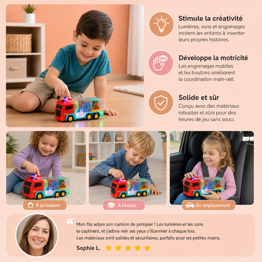 Jouet Camion de Pompiers Interactif avec Engrenages Mobiles Colorés